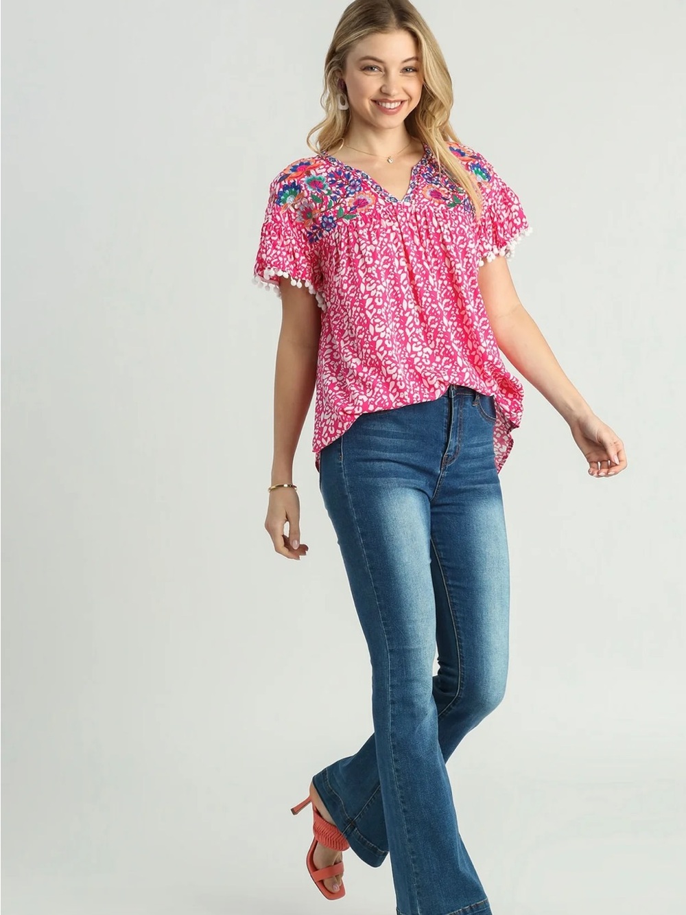 Umgee Embroidered Leopard Print Pom Pom Blouse